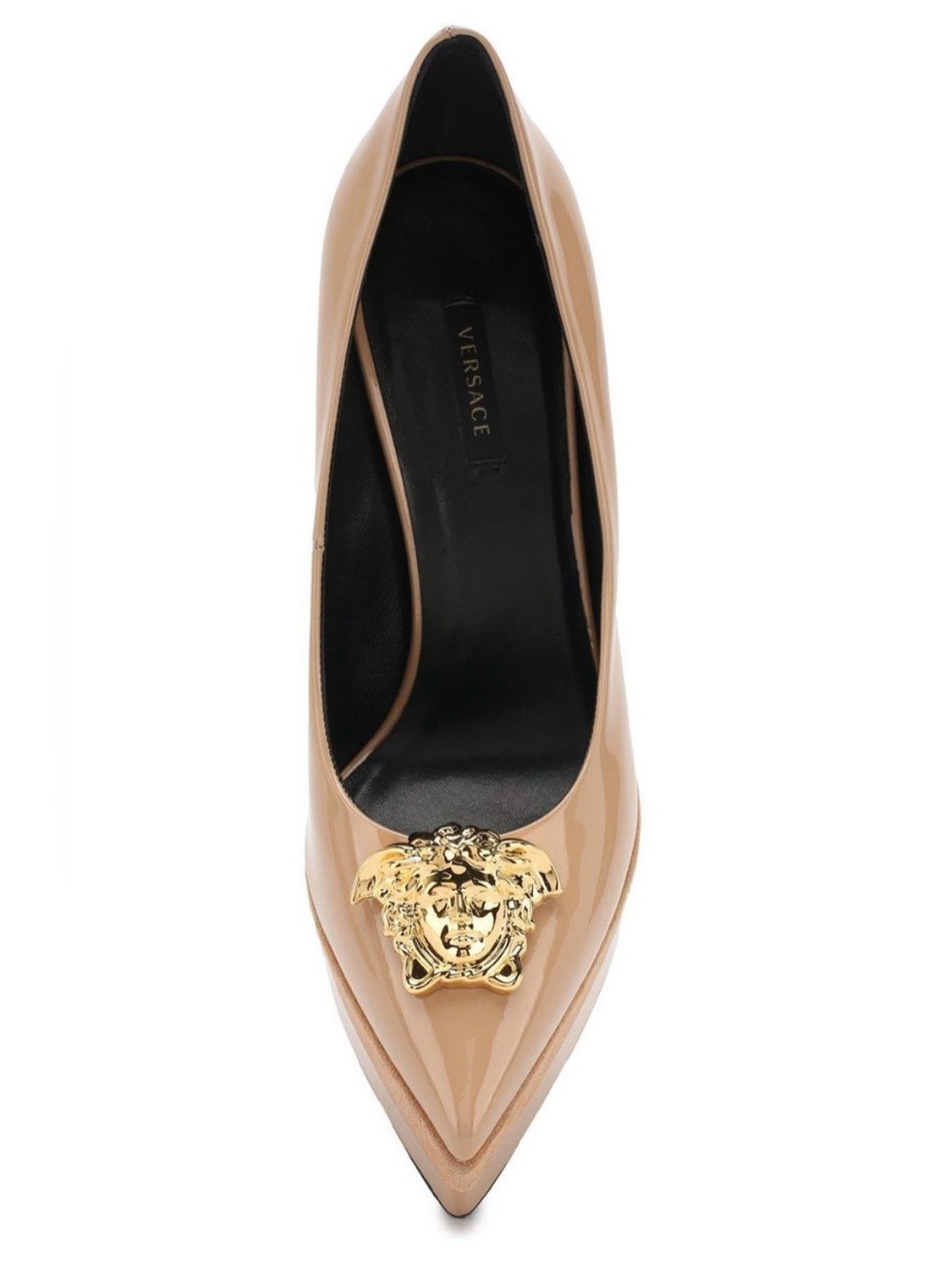 Versace Nude Patent Platform Pumps with Gold Medusa Emblem